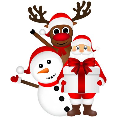 Kardan adam ve Ren geyiği ile Noel Baba çizgi film hediye vektör