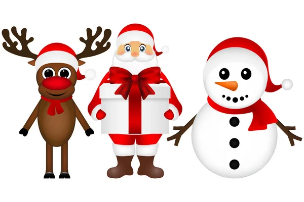 Santa Claus with snowman and reindeer cartoon  a gift — Stock Vector