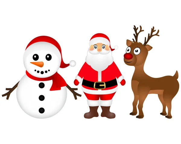 Santa Claus with reindeer and a snowman standing on  white back — Stock Vector