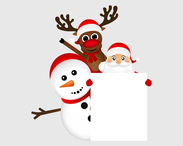 Père Noël avec bonhomme de neige et rennes regardant derrière une grande affiche blanche — Image vectorielle
