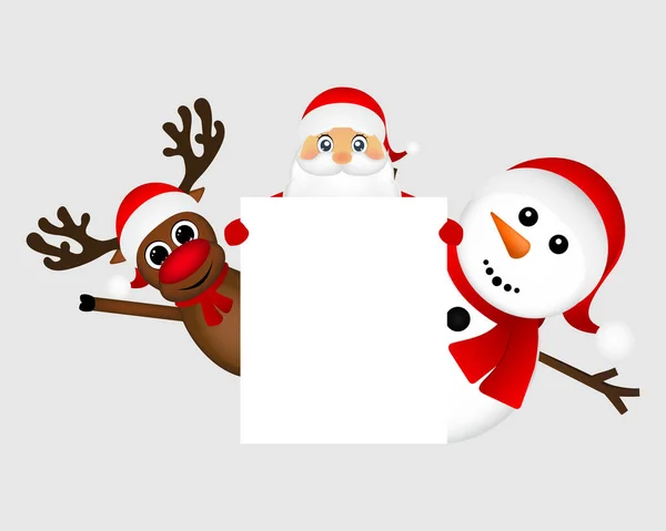 Santa Claus with snowman and reindeer peeking out from behind a large white poster — Stock Vector