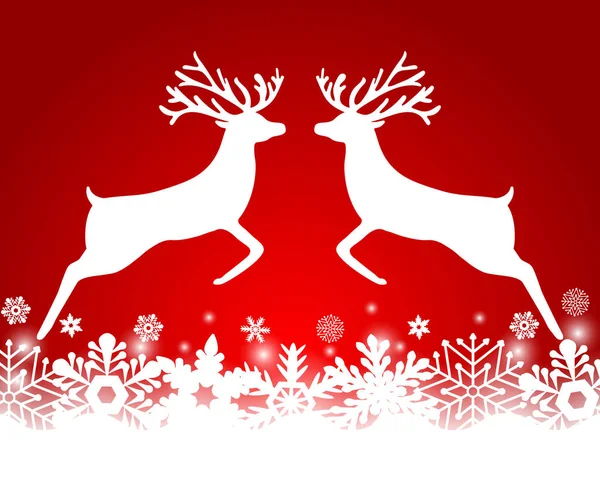 Two reindeer jump to each other on a red background with snowfla — Stock Vector
