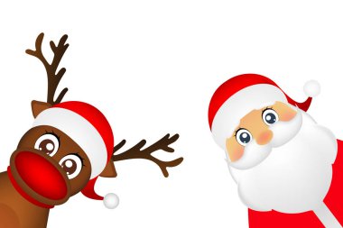 Snowman and Santa Claus look out the side on a white background clipart