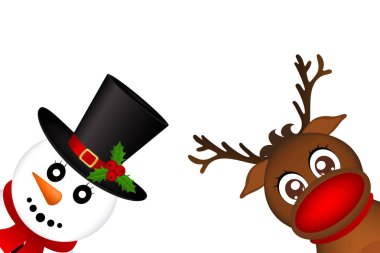 Snowman and Reindeer peeking sideways on a white background vect clipart