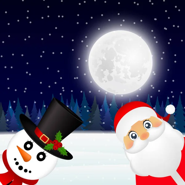 Papá Noel y muñeco de nieve de Navidad en el bosque — Vector de stock