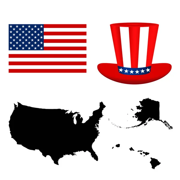 Map of the USA with a hat and flag on white background — Stock Vector