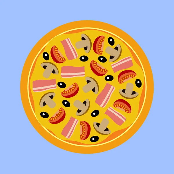 Surtido de pizza con champiñones, tomates, aceitunas y carne — Vector de stock