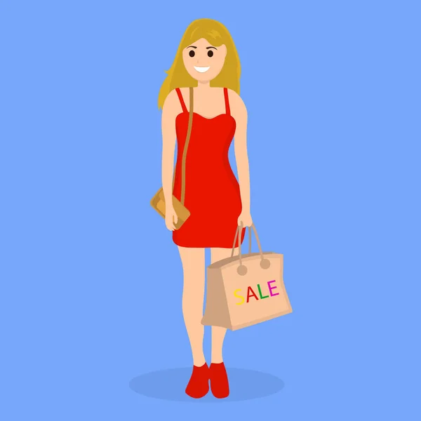 Junge Frau beim Einkaufen mit einer Tasche — Stockvektor