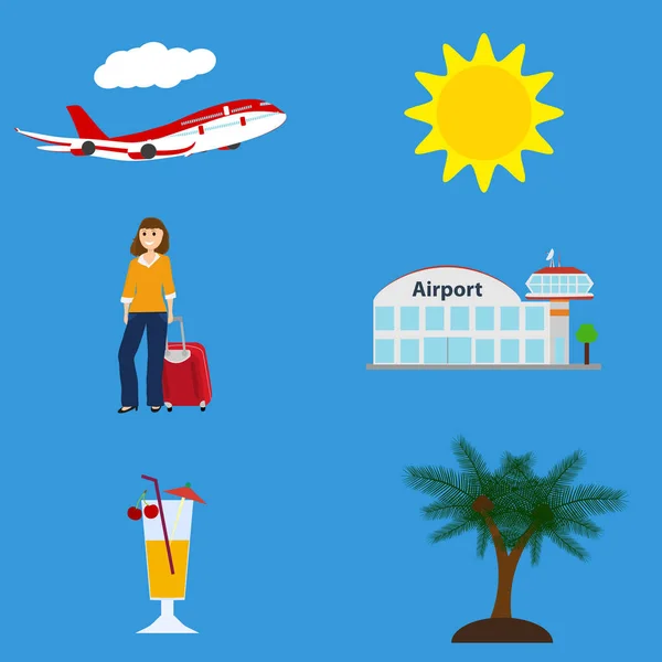 Sammlung von Urlaubssymbolen, Flughafen, fliegendes Flugzeug — Stockvektor
