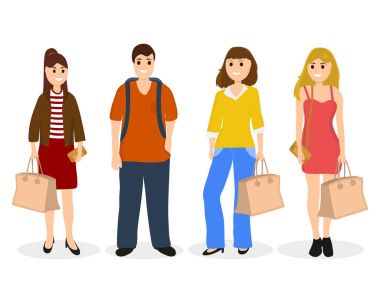 Erkek ve üç kadın çanta ve sırt çantası ile