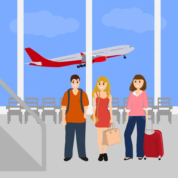 Mulheres para turistas do sexo masculino no aeroporto internacional —  Vetores de Stock