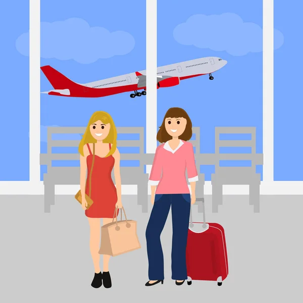 Mujeres turistas en el aeropuerto internacional — Vector de stock