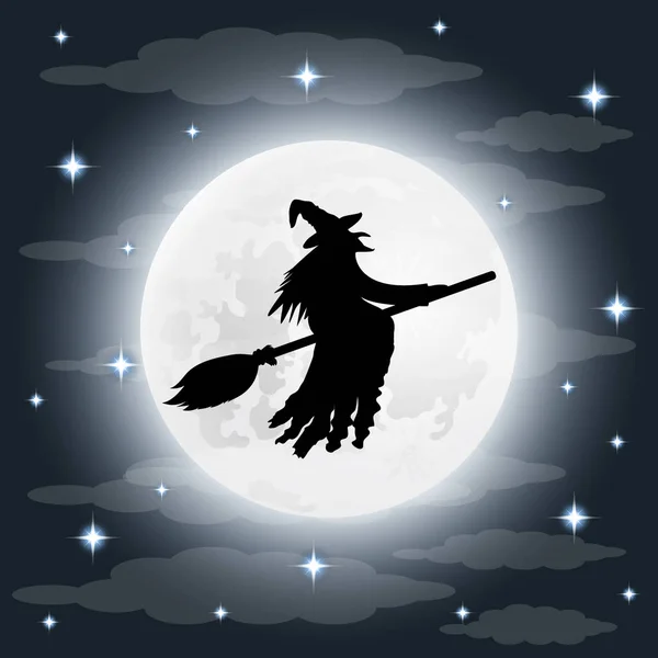 Silhouette of a terrible old witch on a broomstick on full moon — Stock Vector