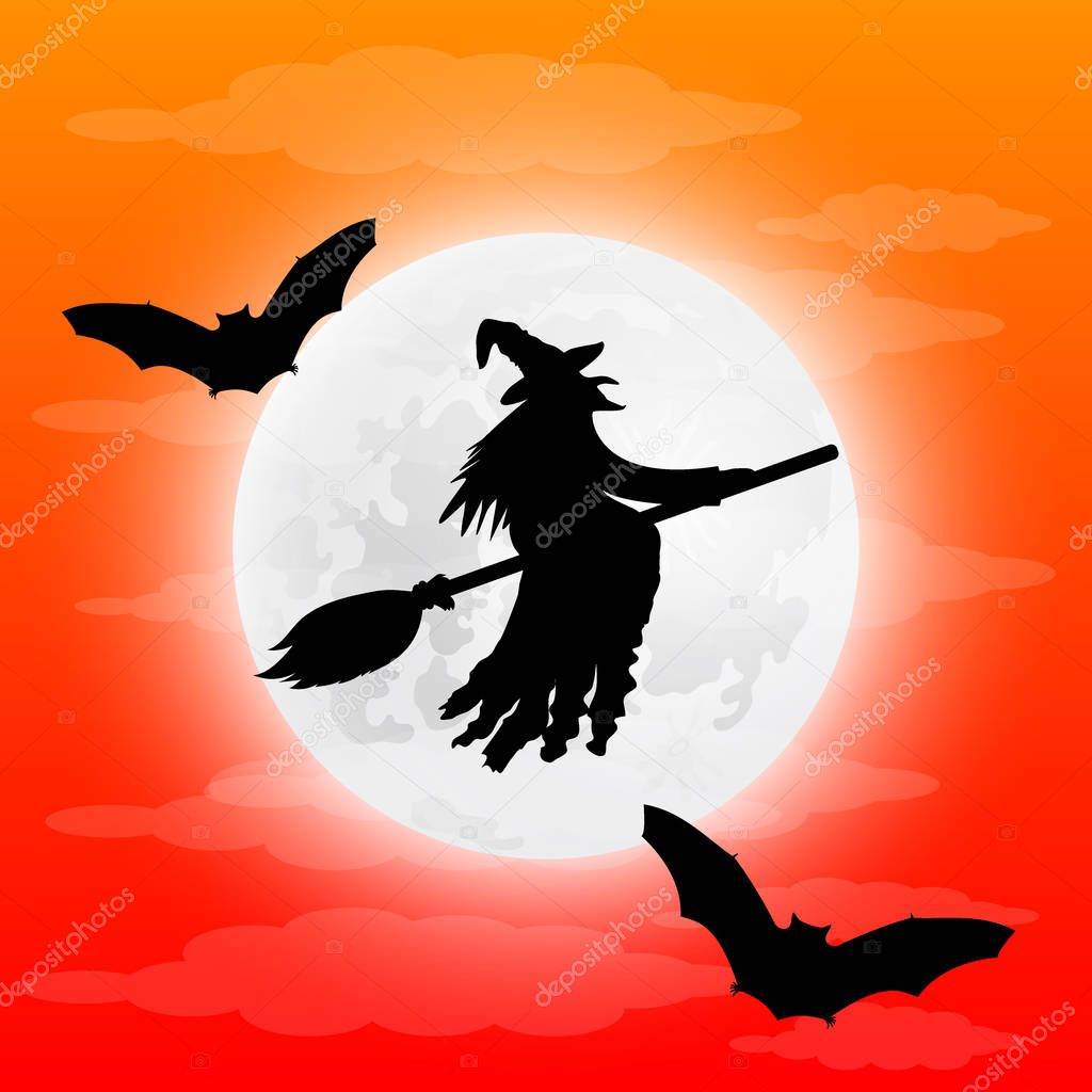 Silhouette of a terrible witch on a broomstick with bats.