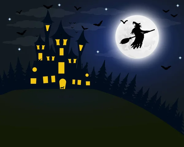 Halloween, das Hexenhaus bei Vollmond. Fledermäuse und ein altes g — Stockvektor