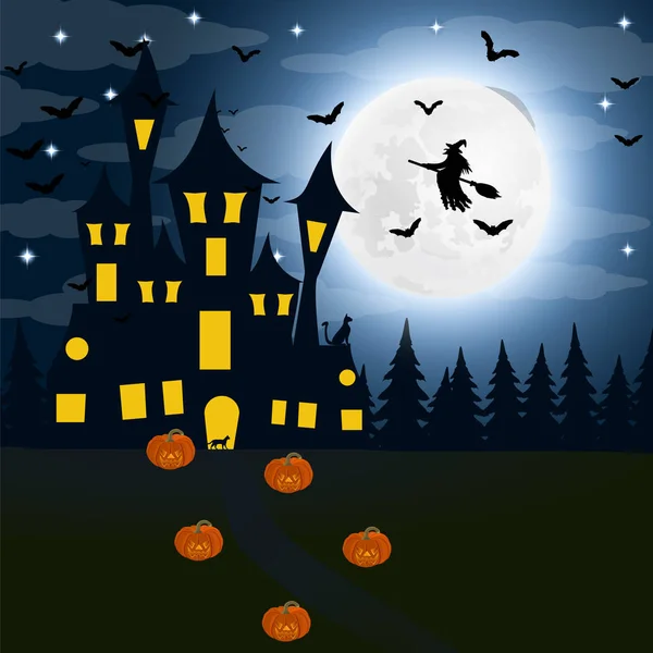 Halloween, la casa delle streghe durante la luna piena. Pipistrelli — Vettoriale Stock