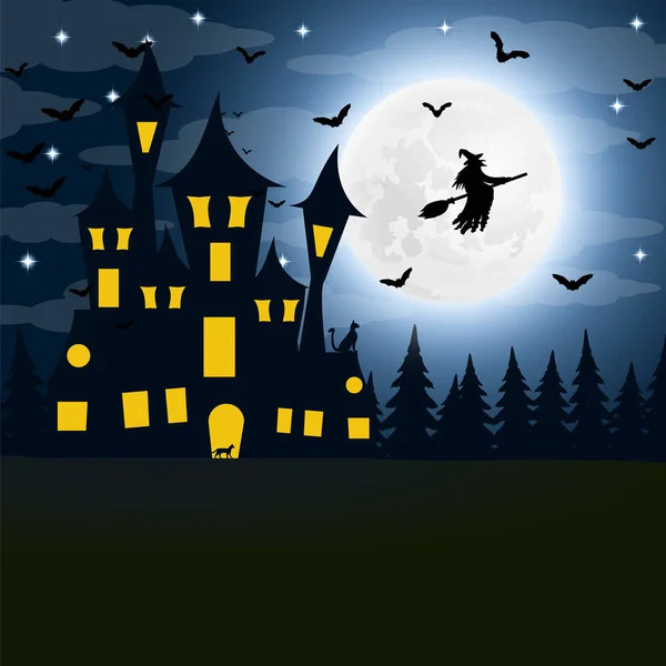 Halloween, the witch s house on the full moon. — Stock Vector