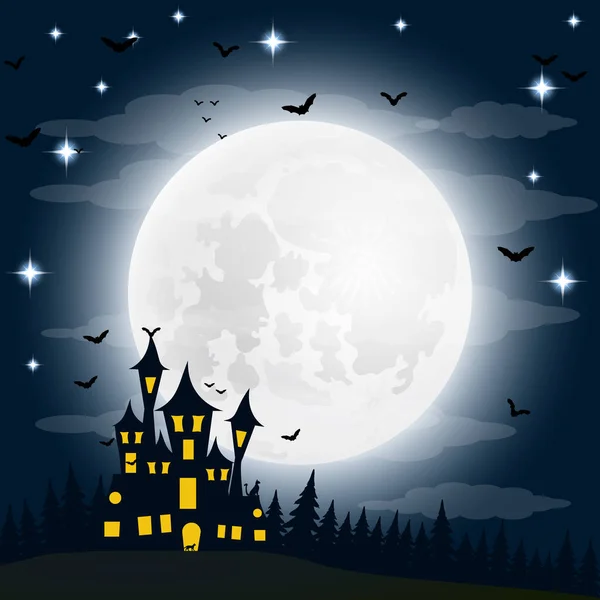 Halloween, heks s huis op de volle maan. — Stockvector