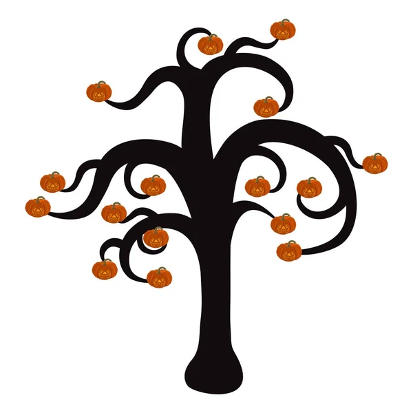 Силуэт дерева на Хэллоуин с горящими тыквами — стоковый вектор