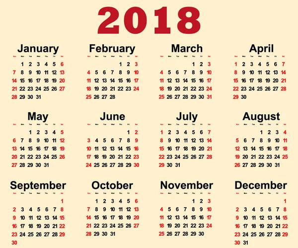 2018 kalenderjaar — Stockvector