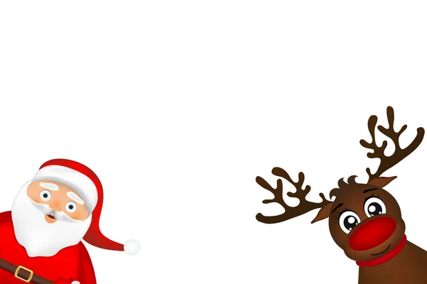 Papai Noel e renas espreitando no lado em um backgrou branco — Vetor de Stock