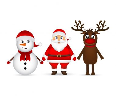 Noel Baba Ren geyiği ve bir kardan adam ayakta beyaz bir arka ile