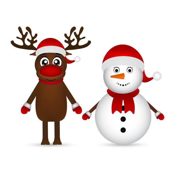 Snowman with reindeer standing on a white background — Stock Vector