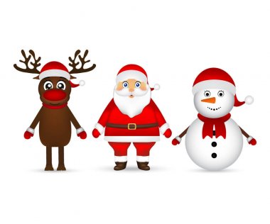 Noel Baba Ren geyiği ve bir kardan adam ayakta beyaz bir arka ile