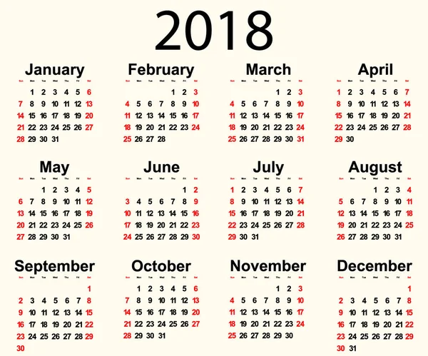 Calendario 2018 año — Vector de stock