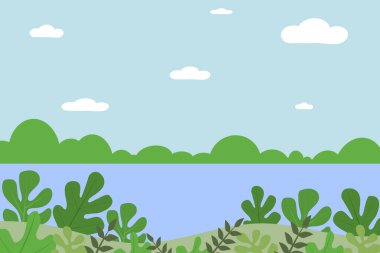 Fantezi kompozisyonlardan bir manzara. Dağları ve ağaçları olan bir deniz. Düz tasarım, vektör illüstrasyonu