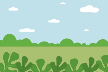 Fantezi kompozisyonlardan bir manzara. Dağları ve ağaçları olan bir deniz. Düz tasarım, vektör illüstrasyonu