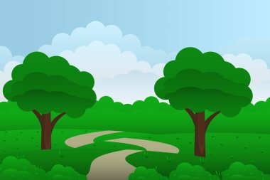 Fantezi kompozisyonlardan bir manzara. Dağları ve ağaçları olan bir deniz. Düz tasarım, vektör illüstrasyonu