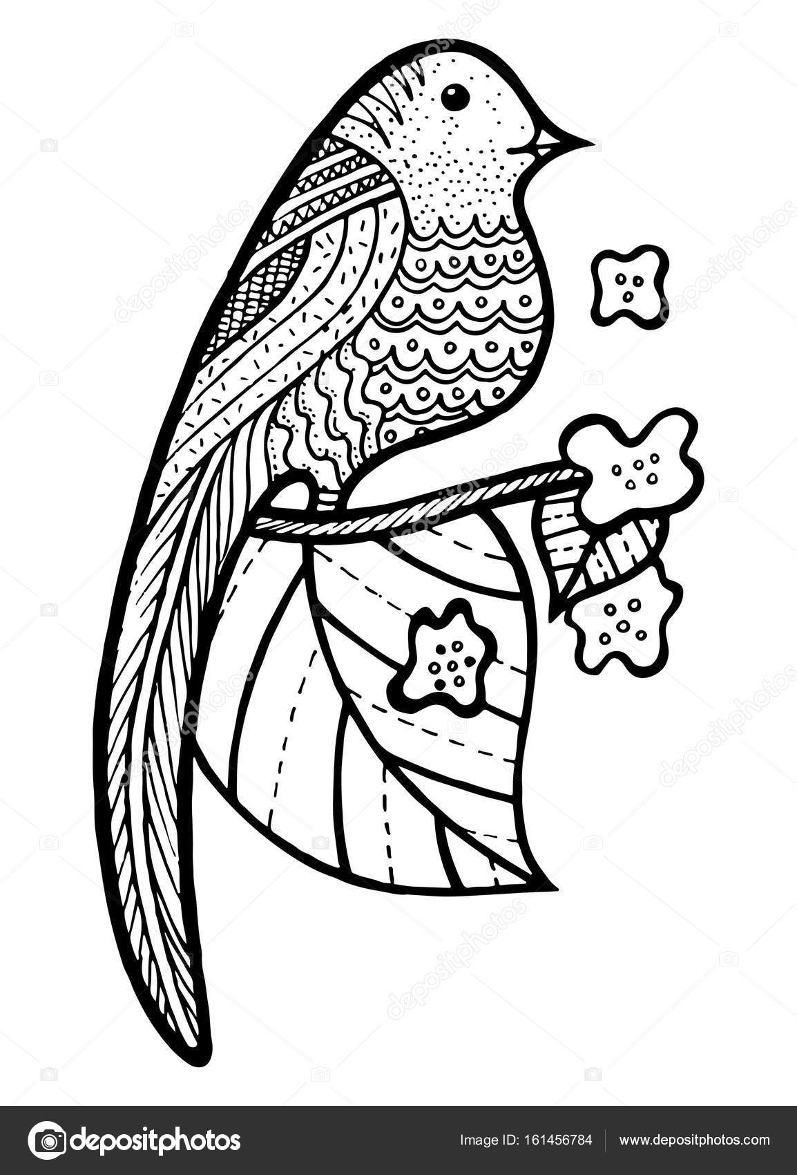 Vogel Op Tak Met Bladeren En Bloemen Kleurplaten Pagina