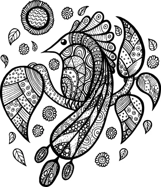 Vogel Pfau auf Zweig mit Blättern und Blumen Zen Doodle colori — Stockvektor