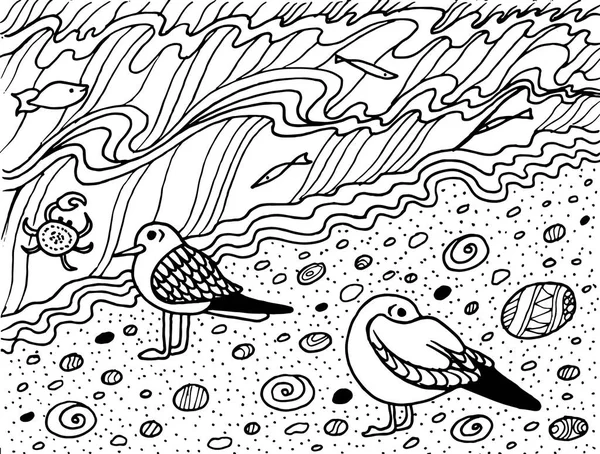Страница раскраски с чайкой и морем — стоковый вектор