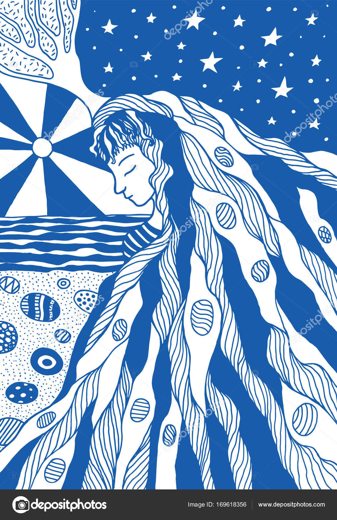 Fantasia ragazza capelli e mare paesaggio da colorare Illustrazione di zentangle doodle disegnato a mano con oceano stelle albero rocce sole