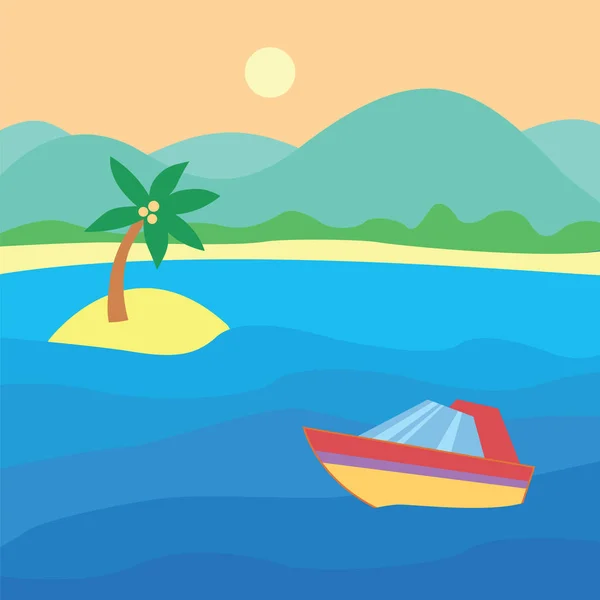 Lanzamiento en el agua. Paisaje tropical con barco, océano, cielo, sol — Vector de stock