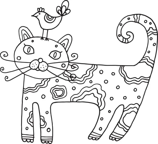 El chico dibujó gato con pájaro. Arte de línea vectorial aislado para niños — Vector de stock