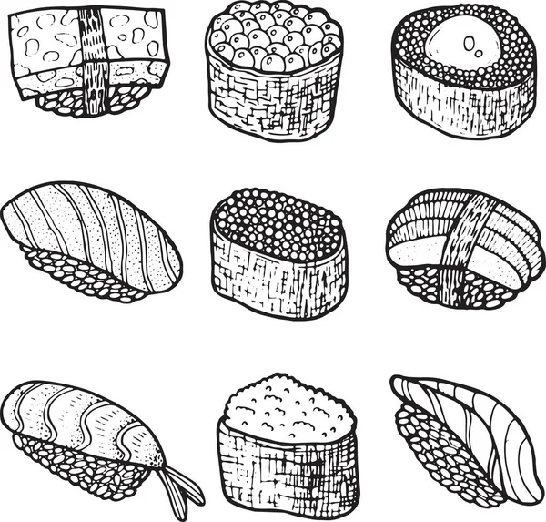 Collection de sets de sushi. Coloriage pour livre adulte. Doodl vectoriel — Image vectorielle