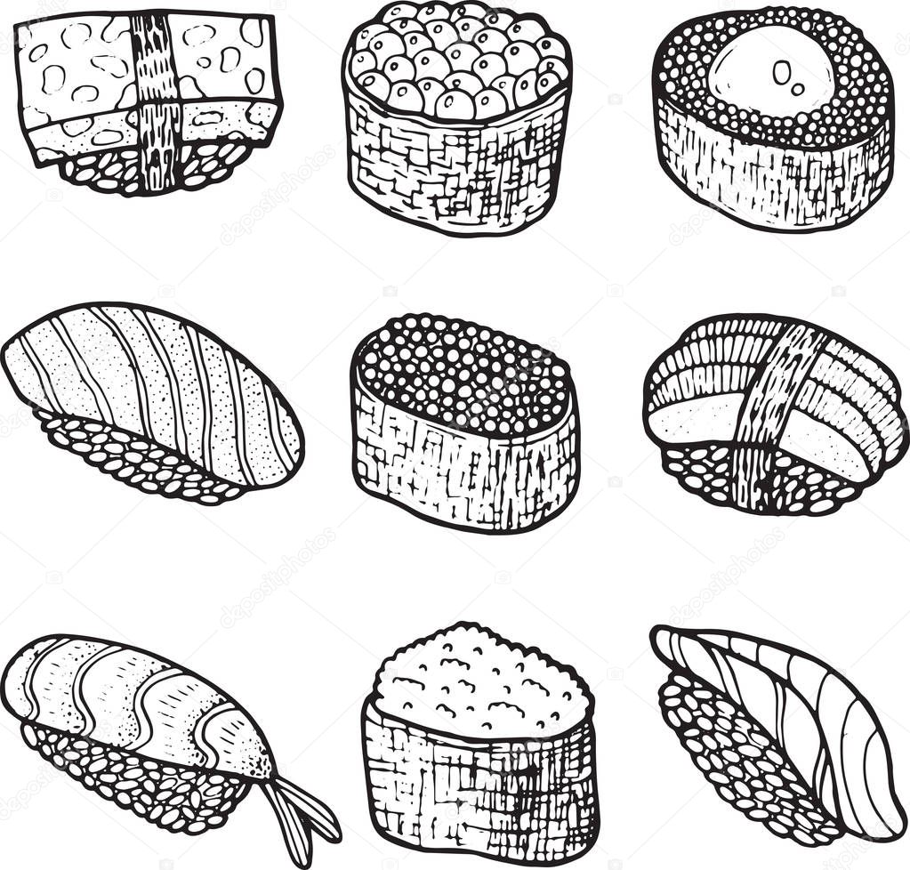 Sushi set collection. Coloring page for adult book. Vector doodl