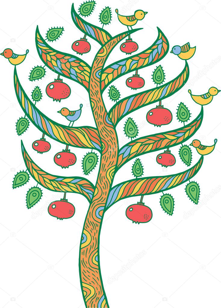Pomegranate tree - kids illustration. Colorful doodle art drawin