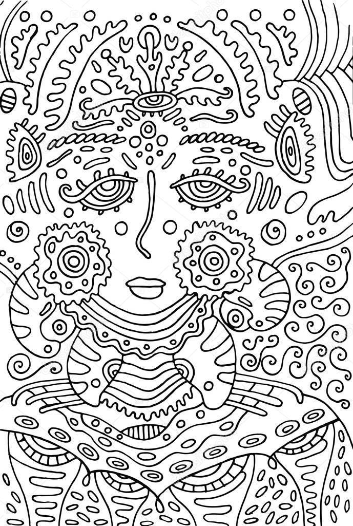 Alien goddess girl. Doodle coloring page for adults. Vector illu