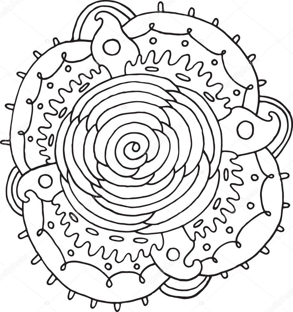 Rose flower mandala. Doodle coloring page for adults. Vector ill