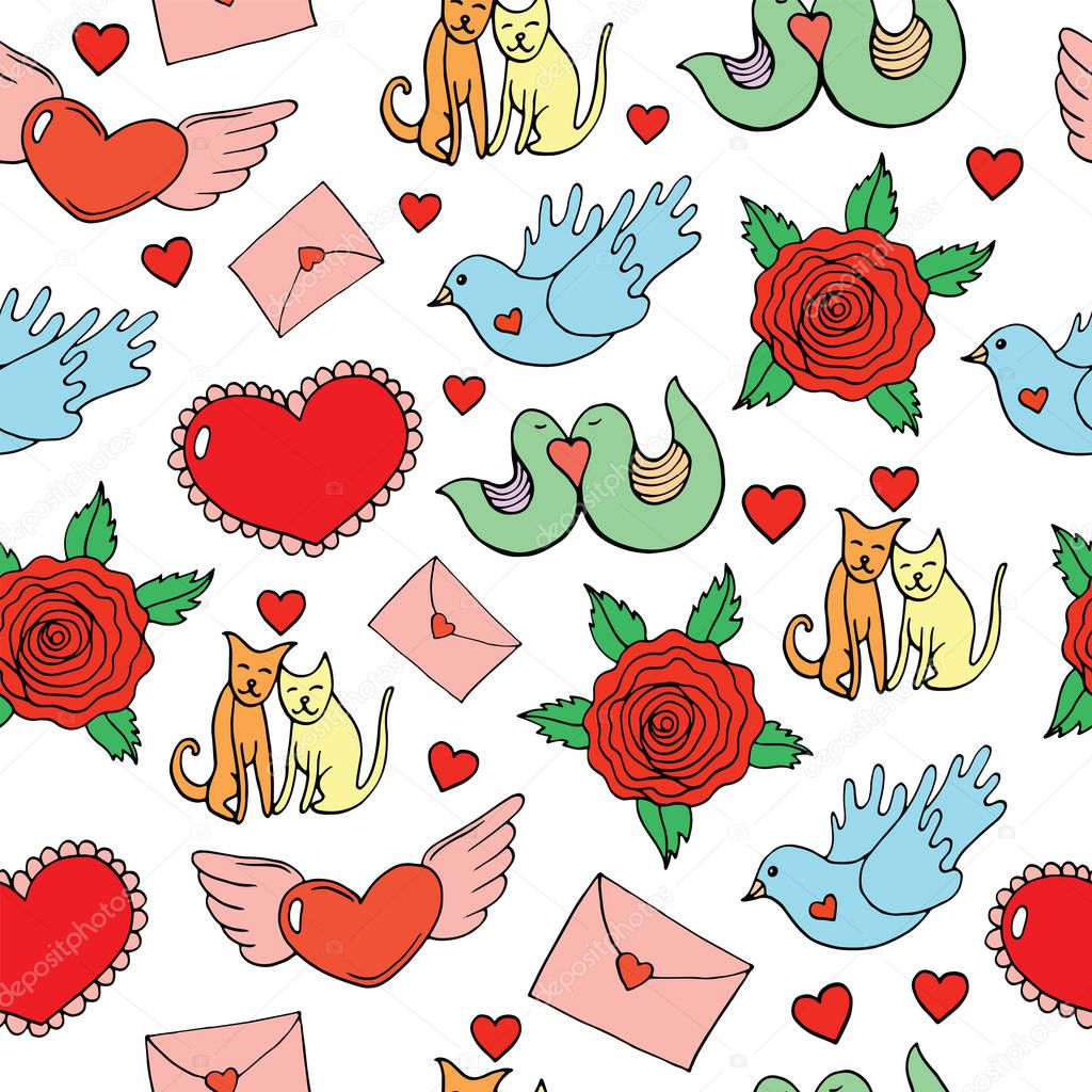 Valentine s Day seamless pattern with hearts, birds, cats, roses