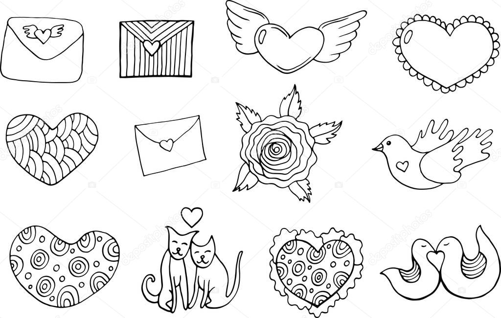 Sticker set for Valentine s Day - coloring page. Doodle cartoon 