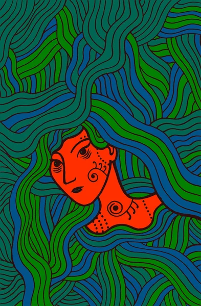 Şaman dalgalı saçlı mistik kız. Doodle sanat. Vektör illust — Stok Vektör