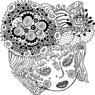 Fairy tale surreal girl portrait. Doodle woman s head with hair  clipart