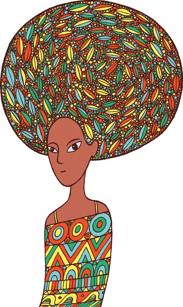 Africká žena v etnickém kroji. Doodle kreslený módní illustr — Stockový vektor