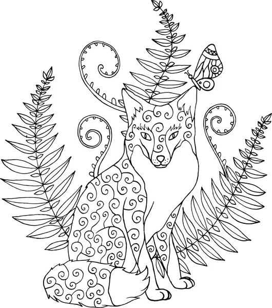 Raposa zentangle ornamentada tribal com samambaia da floresta. Obra fot cor —  Vetores de Stock