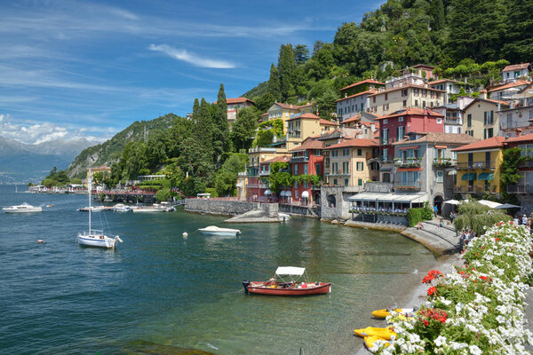 VARENNA, ITALY - AUGUST, 2017 - Small harbor in Varenna at lake Como in Italy
